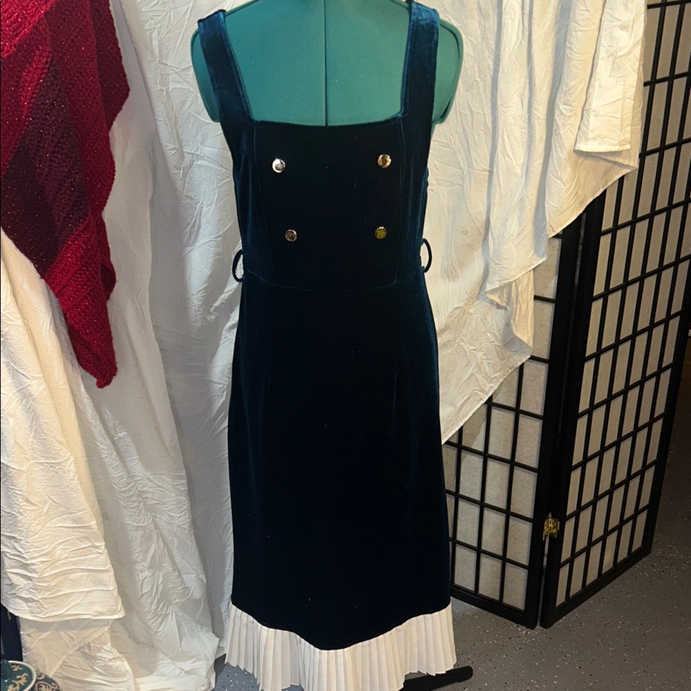 Banana Velvet Square-Neck Midi Dress with Pleated Hem - teal size 38/6